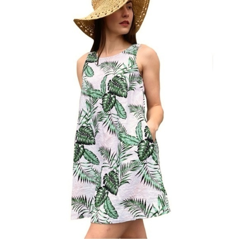 C&C California Green Palm Leaf Linen Mini Shift Dress S Sundress Tropical